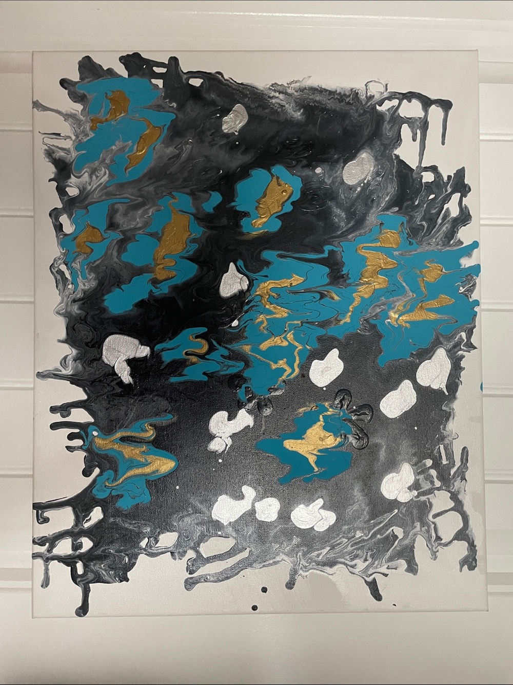Abstract Fluid Art Canvas in Teal, Gold, Silver and Black
